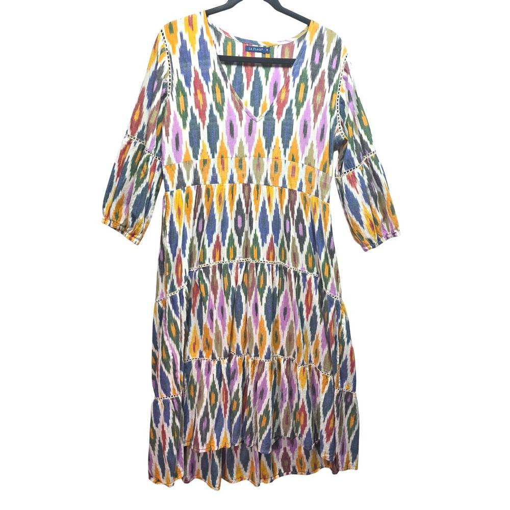 La Plage Ikat Print Midi Dress Womens‎ M Multicolor Vneck Tiered High Low Boho